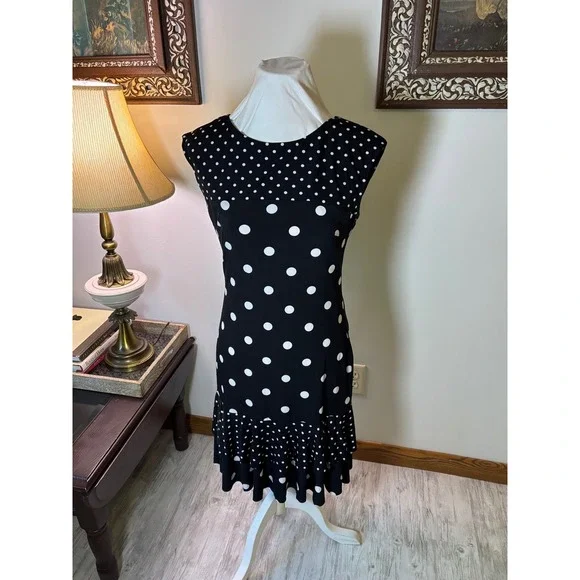 Designer Vintage 8 Black Polka Dot Dress Sleeveless Ruffle Frank Lyman dress - Picture 10 of 10